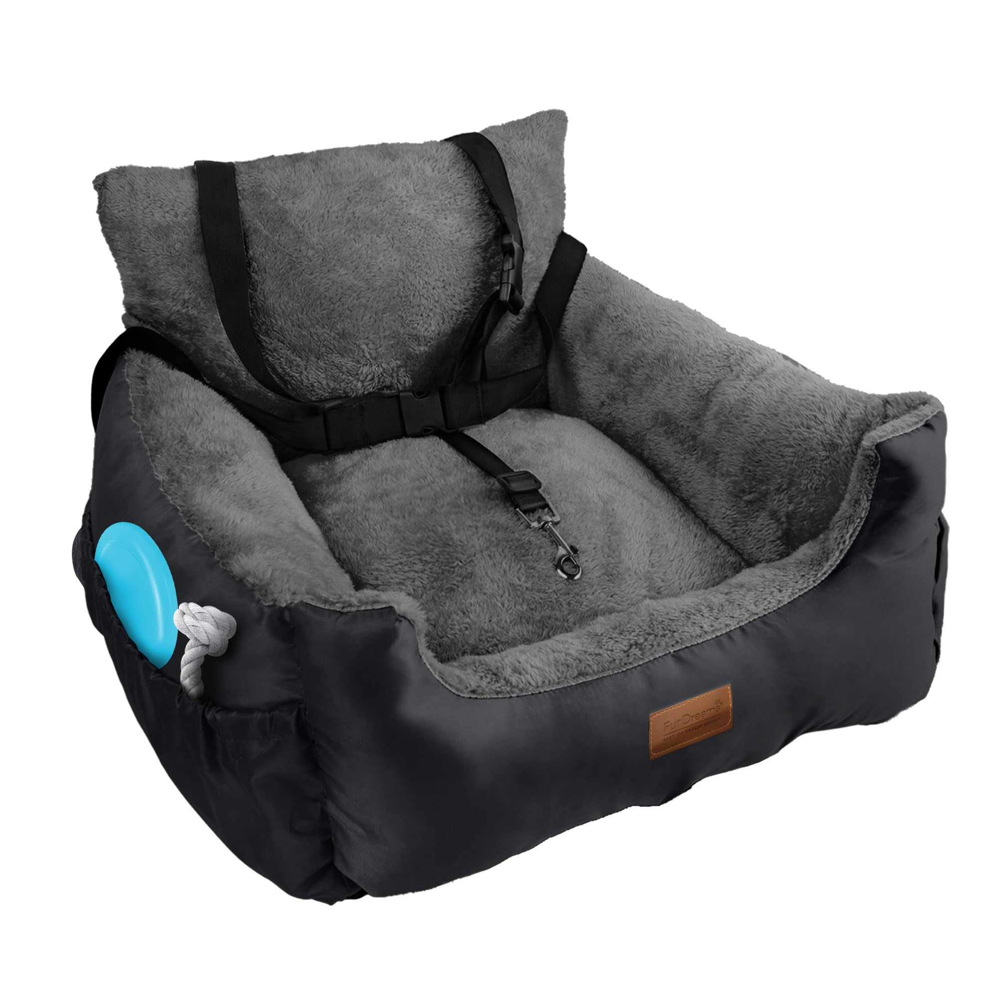 Premium Plush Dog Car Seat for Small Dogs & Cats - Soft & Cozy Pet Booster Seat with Safety Leash, Storage Pocket, Waterproof Liner & Non-Slip Base - Perfect for Travel, Road Trips & Daily Commutes (Black/Grey)