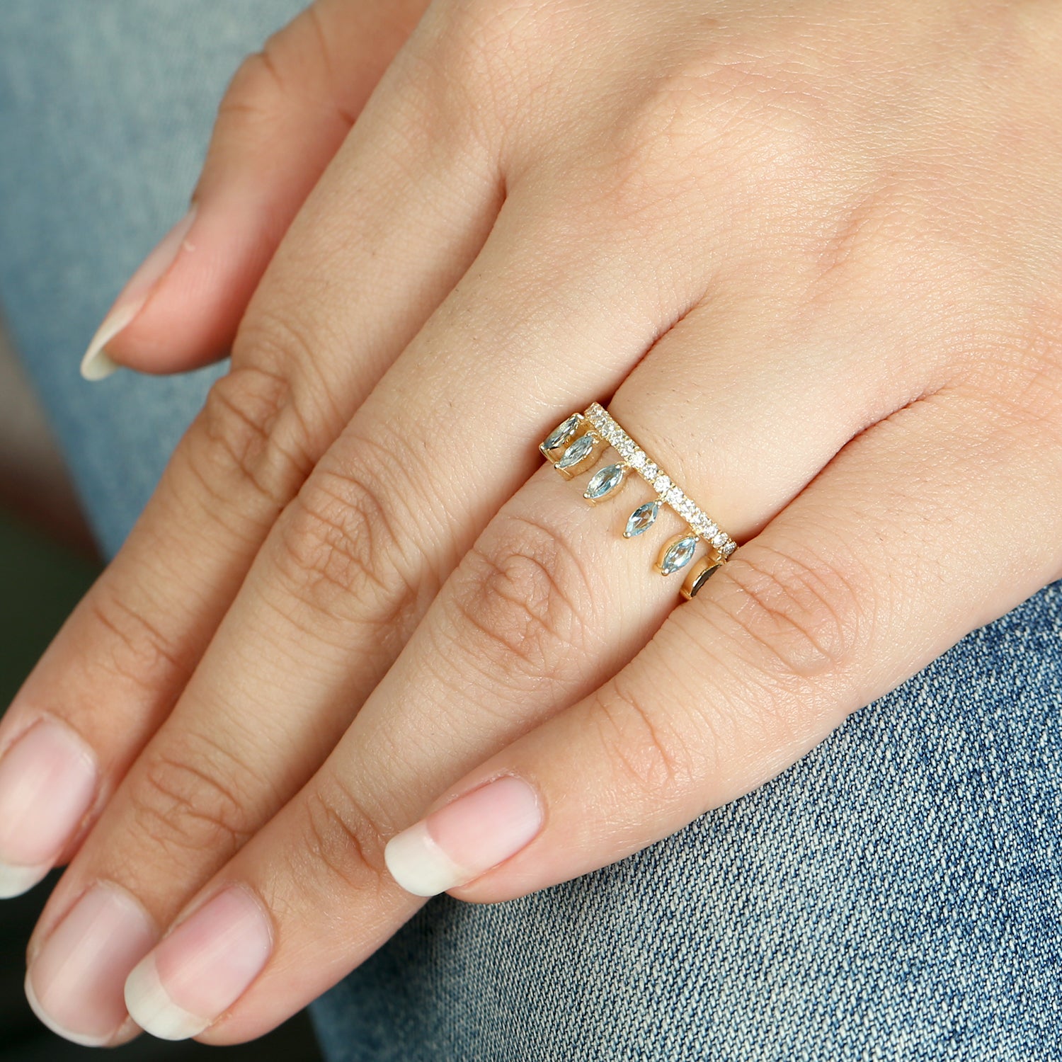 Elegant Marquise Cut Aquamarine Pave Diamond Tiara Band Ring in 14K Yellow Gold | Perfect for Weddings, Prom & Special Occasions
