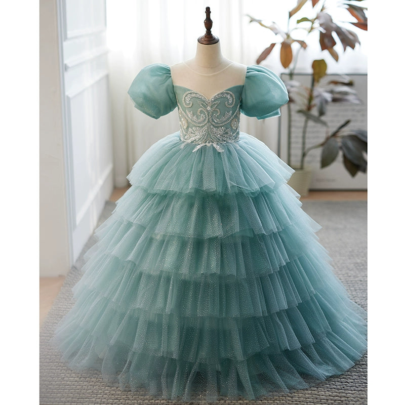 Mint Green Princess Round Floor Length Tulle Flower Girl Dress for Weddings, Baptisms & Special Occasions