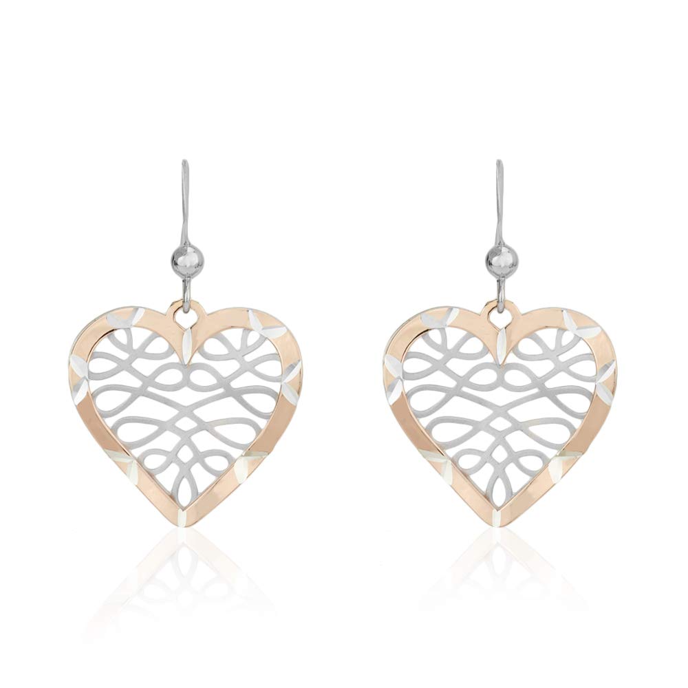 Vanbelle Sterling Silver Two Tone Jewelry - Filigree Heart Drop Earrings with Rhodium & Rose Gold Plating - Elegant Handcrafted Women's Earrings for Date Night & Special Occasions