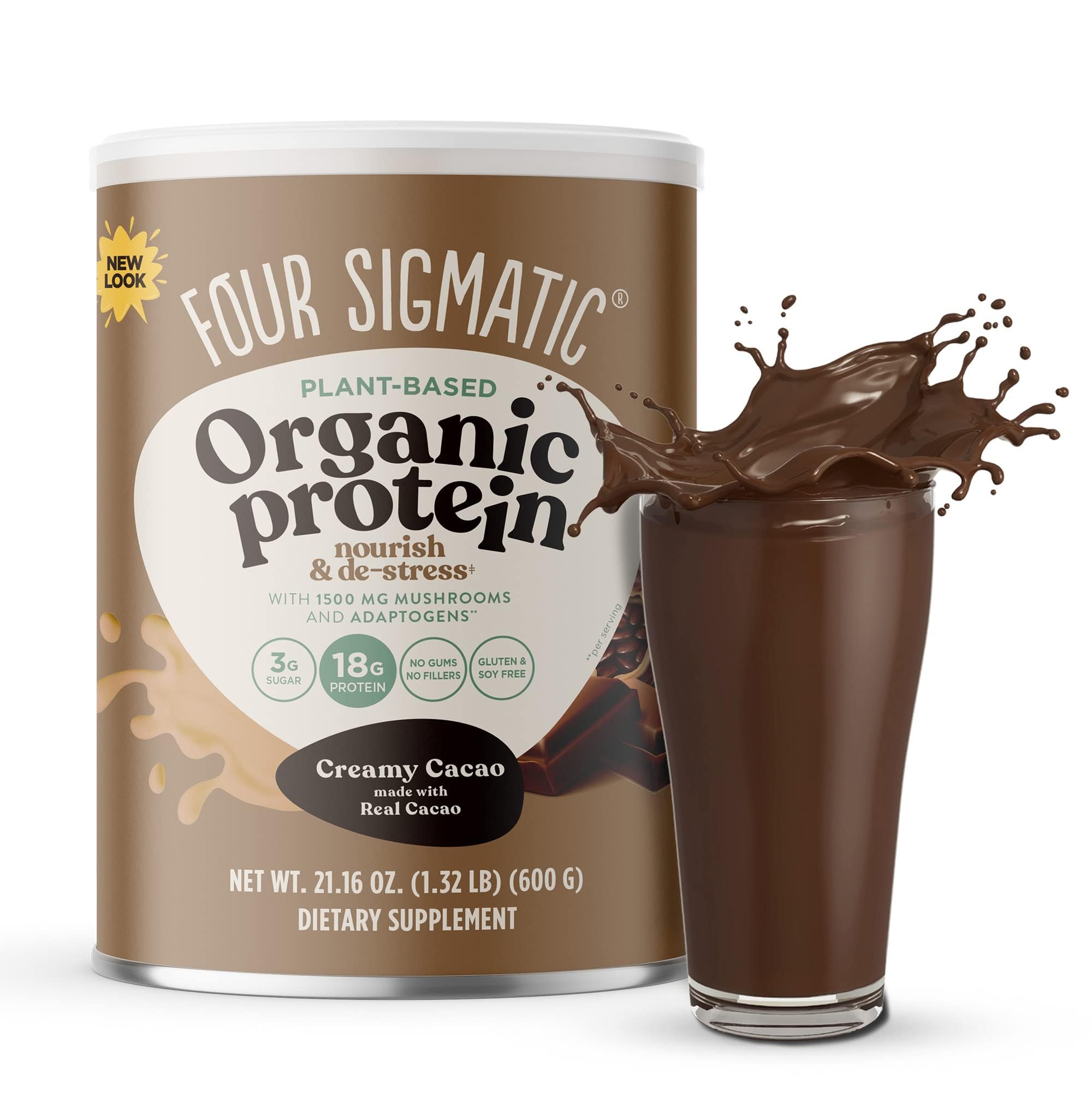 Four Sigmatic Organic Plant-Based Protein Powder Creamy Cacao with Lion’s Mane, Chaga & Cordyceps | Vegan Protein for Brain Function & Immune Support | 21.16 oz | Perfect for Smoothies, Baking & Post-Workout Recovery