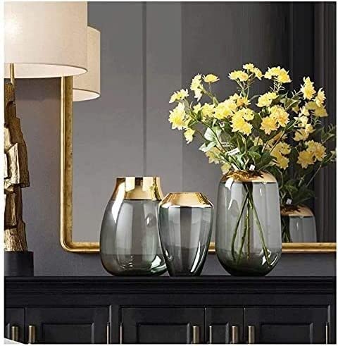 Elegant Transparent Glass Vase with Golden Border - Modern Flower Arrangement for Home Decor, Floral Centerpiece, Neutral Green Design - Perfect for Living Room, Dining Table, Wedding & Office Decor