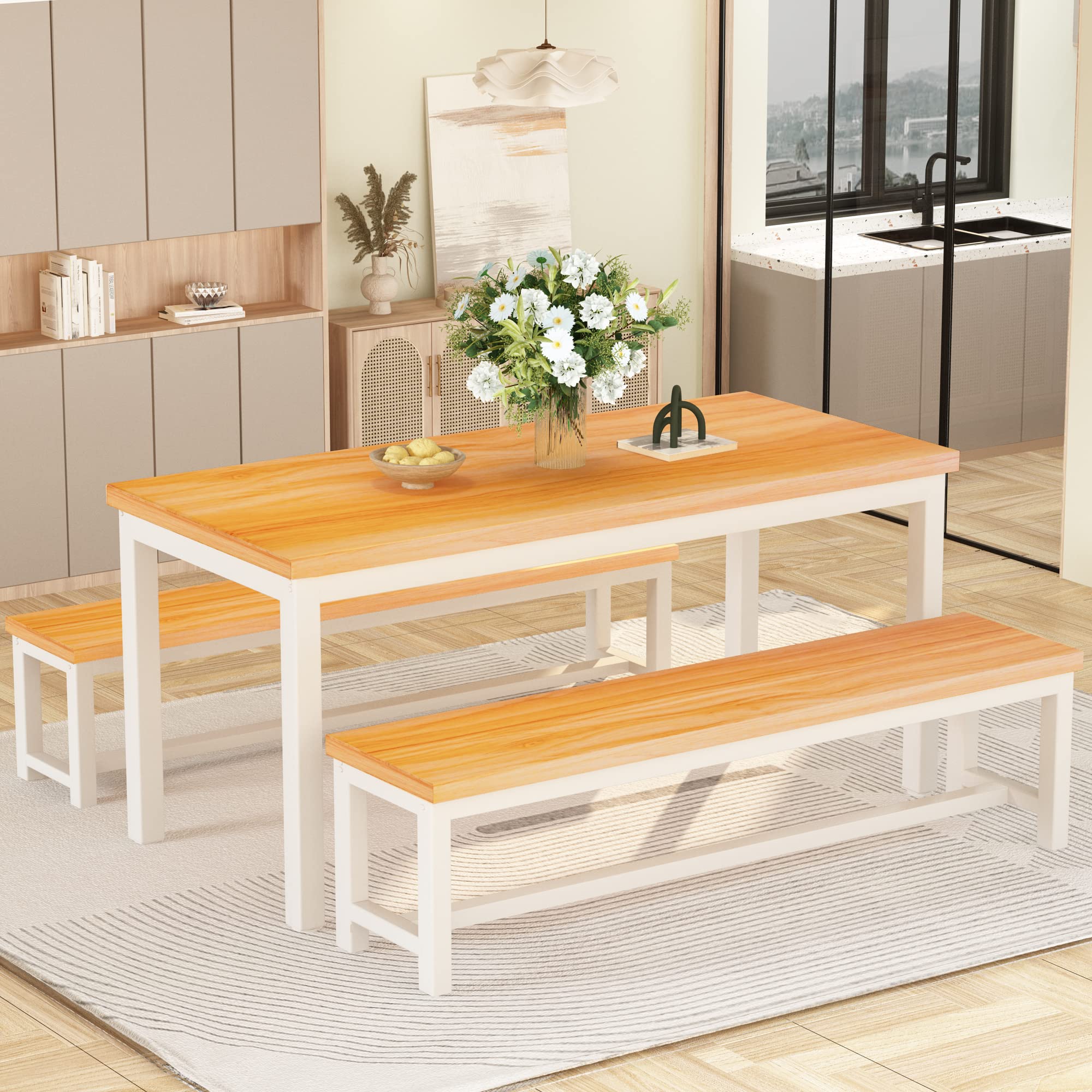 Hooseng 4-Person Dining Table Set with 2 Benches - 47 Inch Space-Saving Kitchen Table & Chairs for Small Families - Heavy Duty Sturdy Metal Frame in Beige - Perfect for Breakfast Nooks, Small Kitchens, and Cozy Dining Areas