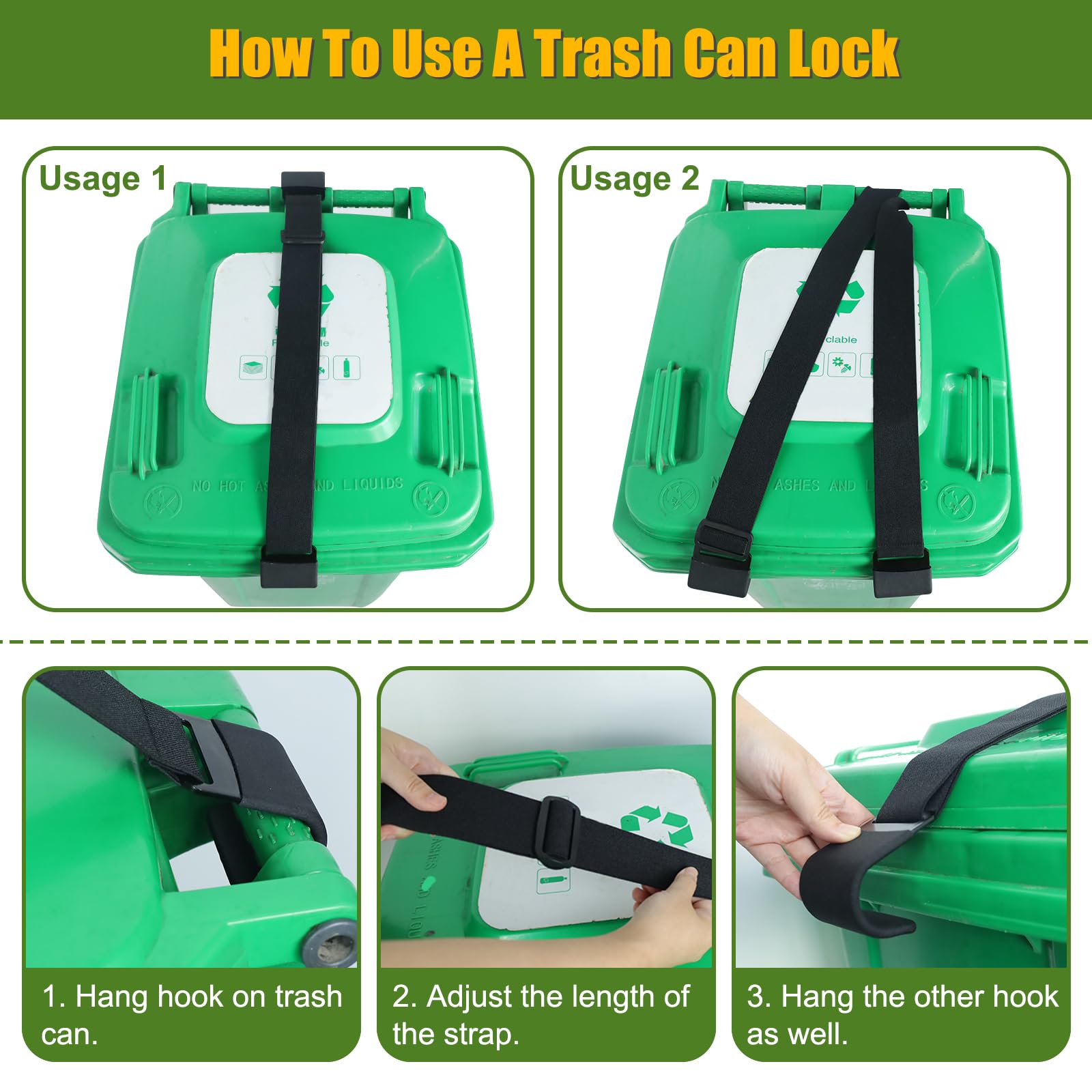 Adjustable Metal Trash Can Lid Lock Straps - Double Claw Garbage Bin Lock for Raccoons & Bears, Universal Fit Bungee Cord Belt (1 Pack) - Secure Outdoor Trash Cans from Wildlife & Pets