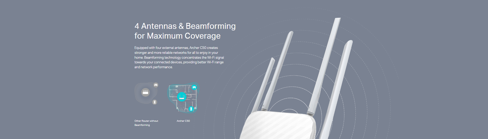 TP-Link Archer C50 AC1200 Dual Band Wireless WiFi Router with 4 External Antennas - High-Speed Internet for Home & Office Streaming, Gaming & Browsing