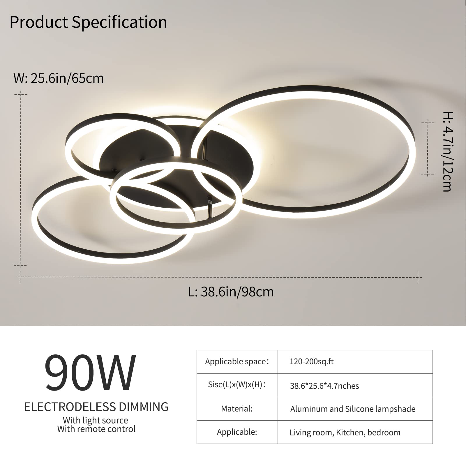90W Modern LED Ceiling Light Fixture - Dimmable Flush Mount Chandelier with Remote Control, 5-Ring Black Acrylic Design for Living Room, Bedroom & Kitchen Lighting | Energy-Efficient Home & Office Lighting Solution