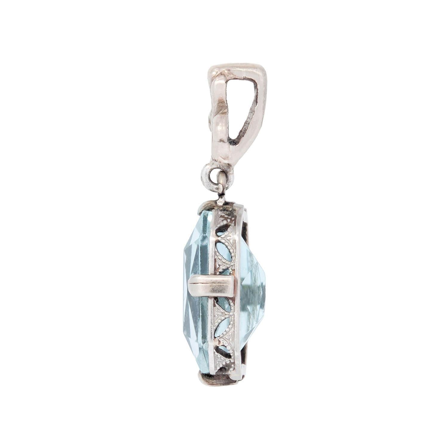 14K White Gold Art Deco Aquamarine Fleur de Lis Pendant Necklace - Elegant Jewelry Gift for Women, Perfect for Weddings, Anniversaries & Special Occasions