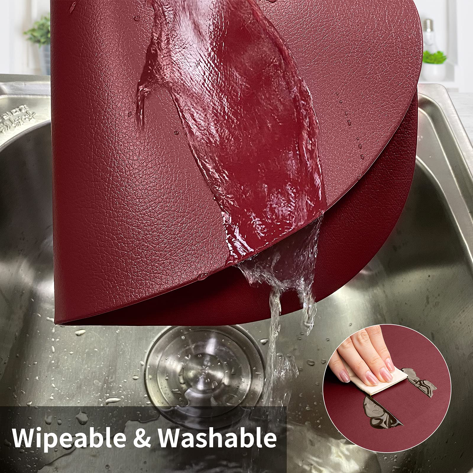 Herda Round Faux Leather Placemats Set of 6 - Wipeable, Washable & Heat Resistant for Kitchen, Dining Table, Patio - Indoor & Outdoor Use - Easy Clean Retro Burgundy Red Placemats for Everyday Meals & Entertaining