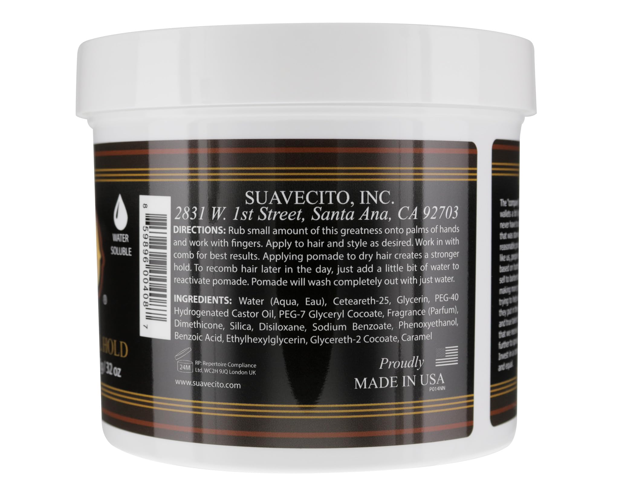 Suavecito Pomade for Men - Medium Hold & Shine, Water-Based Hair Styling Wax (4oz) | All-Day Flake-Free Hold, Easy Wash Out | Perfect for Slick Back, Pompadour & Classic Hairstyles