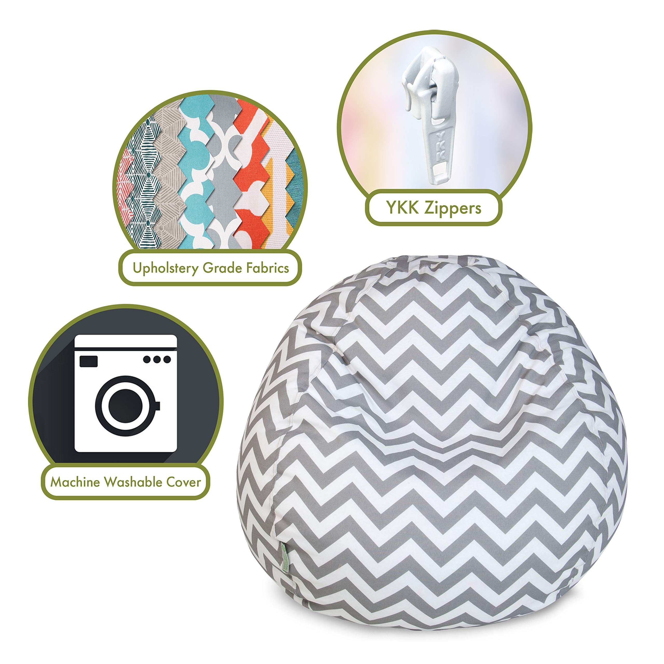 Majestic Home Goods Classic Bean Bag Chair - Large 28x28x22 Inch Soft Foam Filled Chevron Pattern Bean Bag for Kids & Adults, Gray - Perfect for Living Room, Bedroom, Playroom & Dorm Relaxation