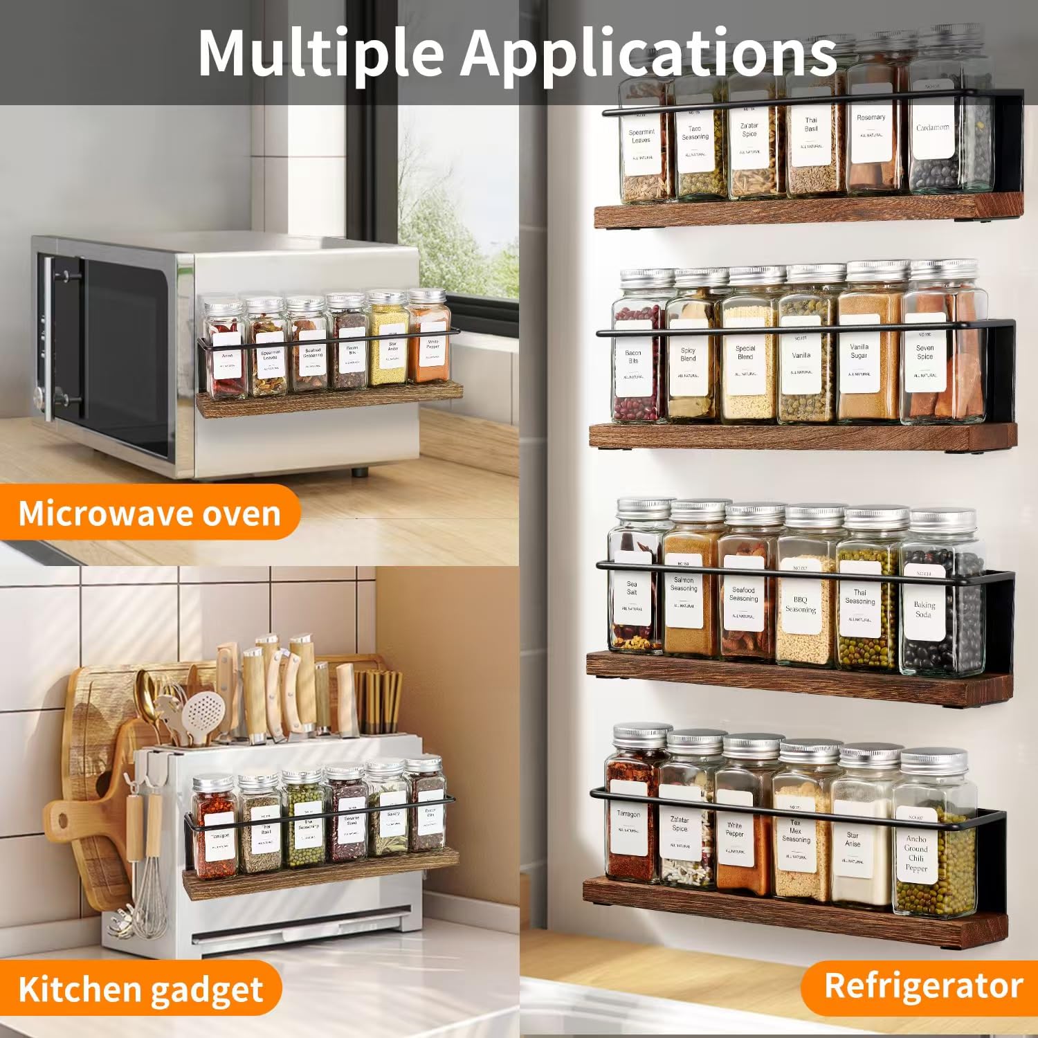 Premium Magnetic Spice Rack Set - 24 Glass Jars with 216 Custom Labels & Steel Funnel - Space-Saving Spice Organizer for Refrigerator, Microwave, Kitchen Cabinet - Perfect for Home Cooking & Baking Organization