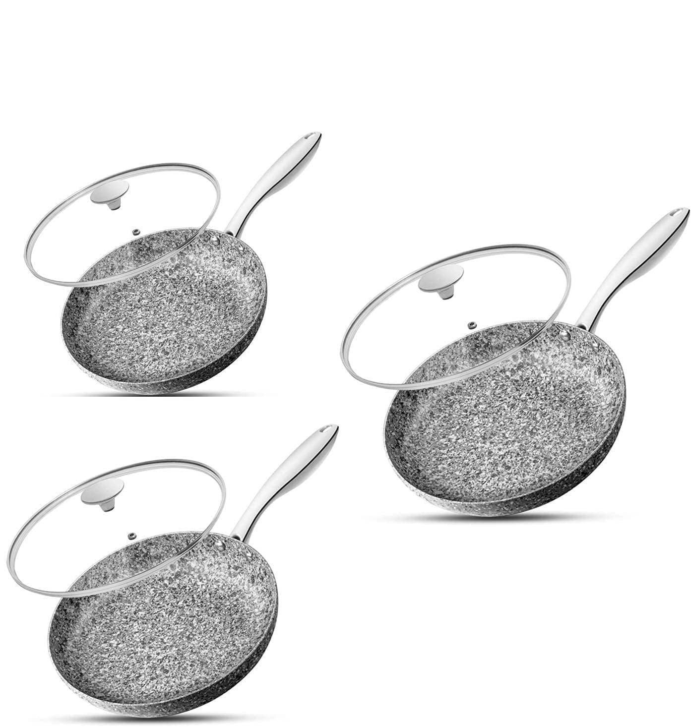 MICHELANGELO 8, 10 & 12 Inch Nonstick Frying Pan Set with Lid - Granite Stone Skillet Cookware with Stone-Derived Coating | Perfect for Searing, Sauteing & Everyday Cooking