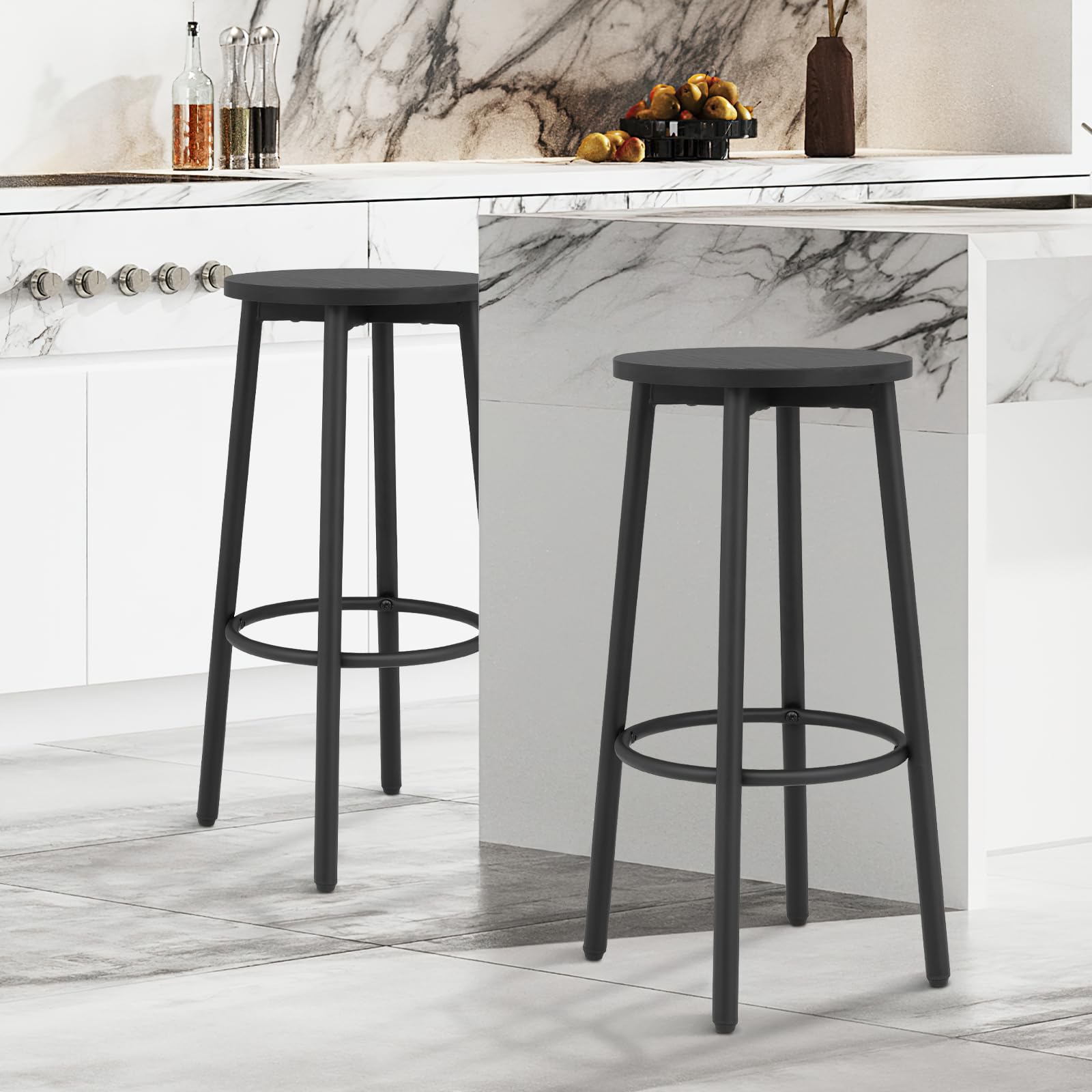 2-Pack Black Round Counter Height Bar Stools with Footrest - Adjustable Kitchen, Dining & Home Bar Stool Set for Breakfast Nook, Island & Pub Style Seating