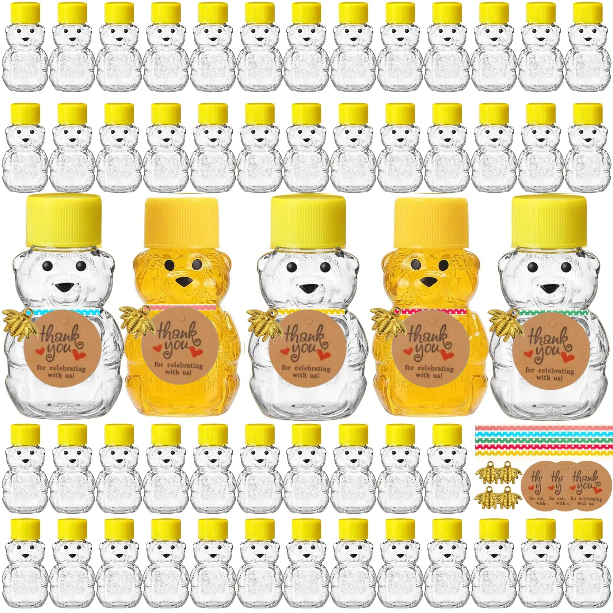 50 Pack 2 oz (60 ml) Mini Plastic Honey Bear Jars with Lids - Small Empty Honey Bottles for Party Favors, Wedding, Baby Shower - Bulk Honey Jars for Jam, Chocolate, Beans, Juice, Candy Storage & Gifts