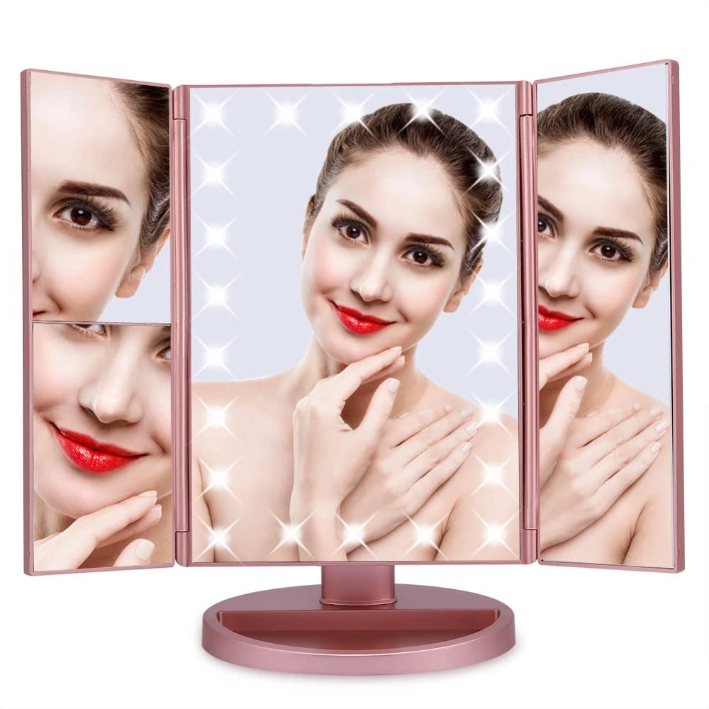 QWEEI LED Makeup Mirror with Lights - 2X/3X Magnification, 22 LED Touch Screen Vanity Mirror, 180° Adjustable Rotation, Dual Power Supply, Portable Trifold Design in Rose Gold - Perfect for Home Makeup, Salon, Travel & Gift