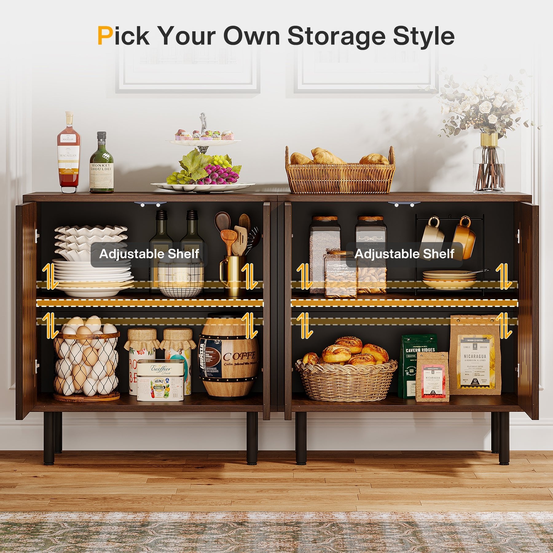 Modern Sideboard Buffet Cabinet Set of 2 - Adjustable Shelves Storage Furniture for Dining Room, Living Room & Entryway Organization