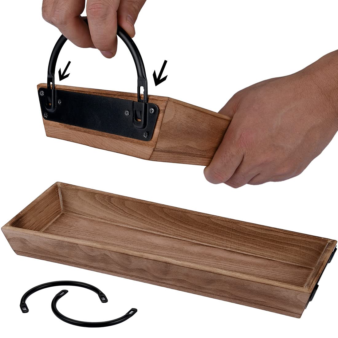 Rustic Rectangle Wood Candle Tray with Black Metal Handles - Farmhouse Style Candle Holder for Displaying Candles, Centerpiece for Dining Table, Mantel, Coffee Table - Perfect for Home Decor, Wedding Decorations, and Cozy Farmhouse Aesthetic