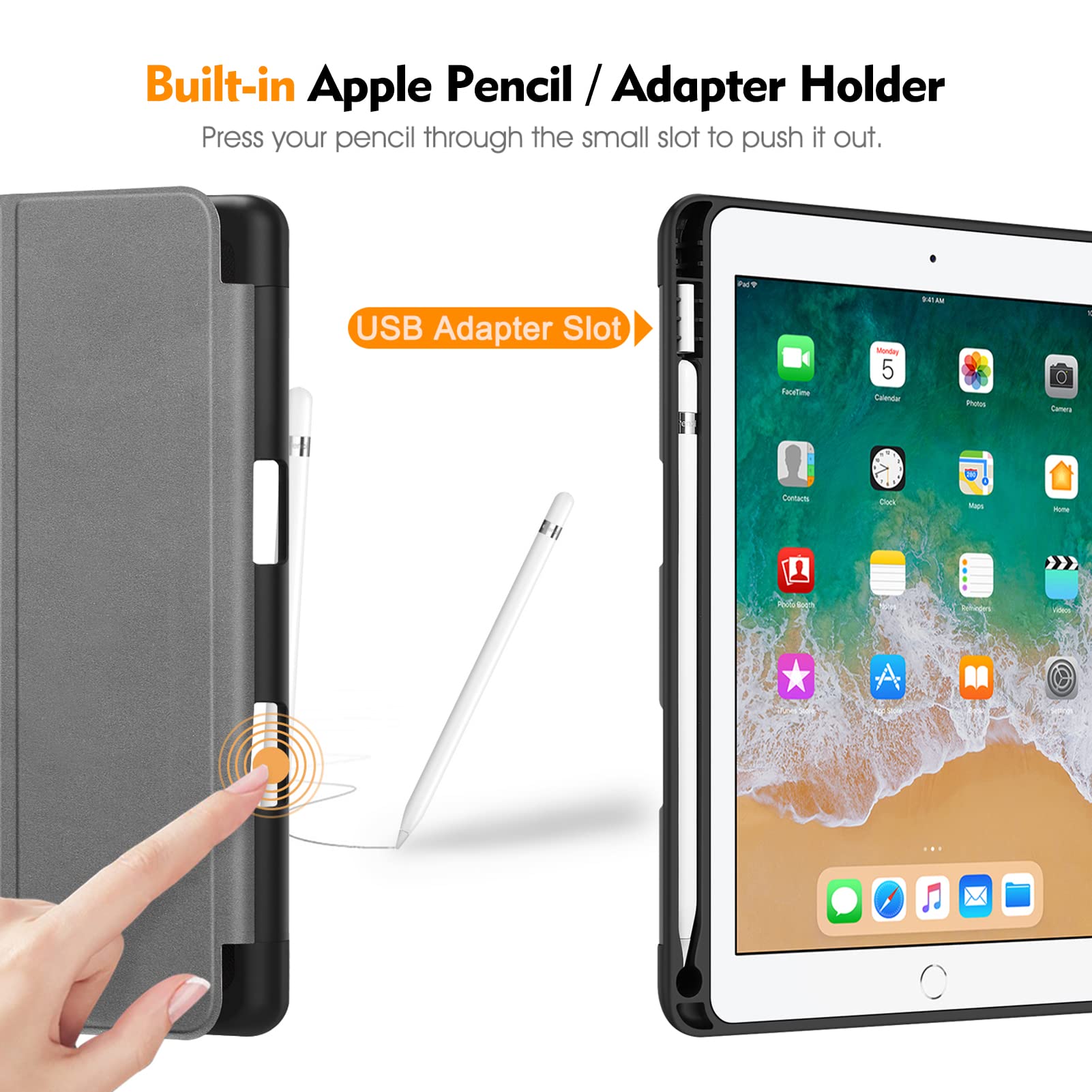Fintie SlimShell Case for iPad 6th/5th Generation (2018/2017) & iPad Air 2/Air 1 (9.7 Inch) - Lightweight Protective Cover with Auto Wake/Sleep & Built-in Apple Pencil Holder - Perfect for School, Office, and Travel Use