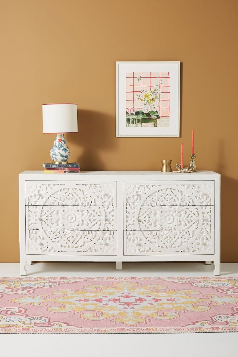 Hand Carved White Wooden Dresser with 6 Drawers - Solid Wood Bedroom Storage Furniture for Master Bedroom, Guest Room & Nursery Organization