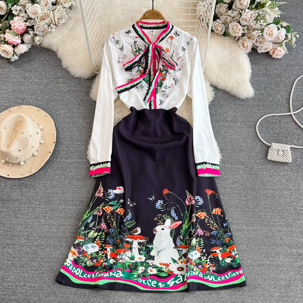 Elegant Long Sleeve Bow Tie Ruffled Rabbit Print A-Line Dress 1705 - Perfect for Easter, Spring Parties & Special Occasions