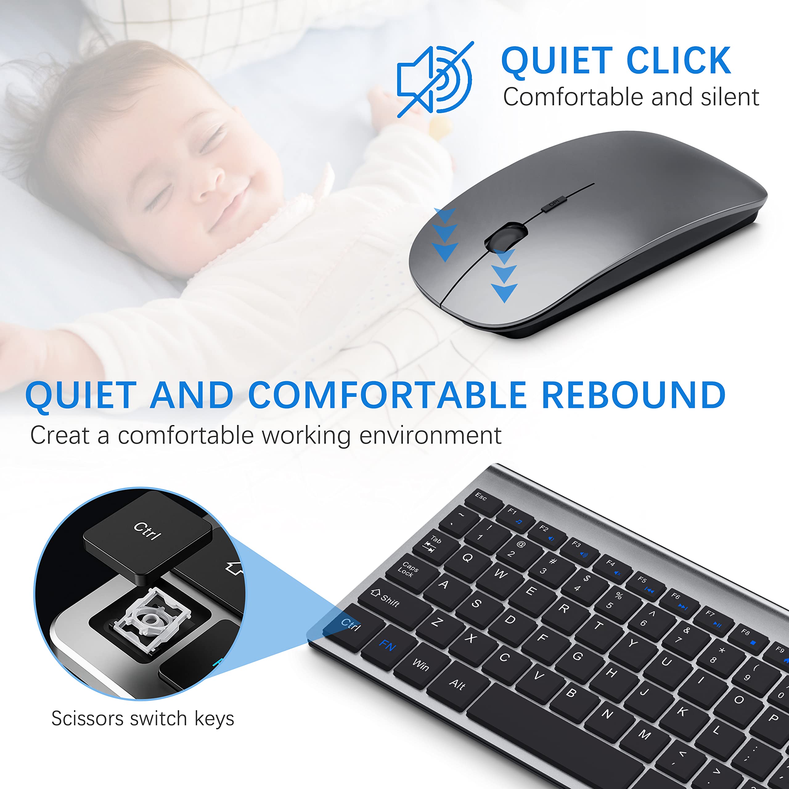 MOOJAY Ultra Slim Wireless Keyboard and Mouse Combo with Mouse Pad - 2.4G USB Quiet Scissor Switch Keyboard & Mouse Set with Protective Cover, Includes 2 AA & 2 AAA Batteries - Perfect for Laptop, PC, Windows (Gray Black) - Ideal for Home Office, Gaming & Remote Work
