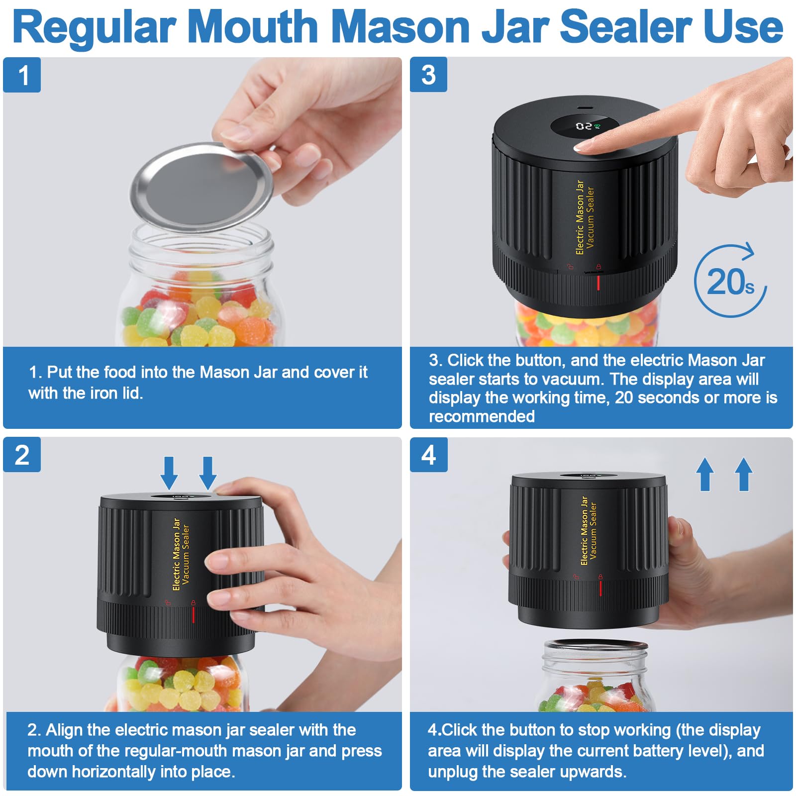 Electric Mason Jar Vacuum Sealer Kit - Wide Mouth & Regular Mouth Jar Sealer for Food Preservation | Perfect for Meal Prep, Canning, Sous Vide & Long-Term Food Storage