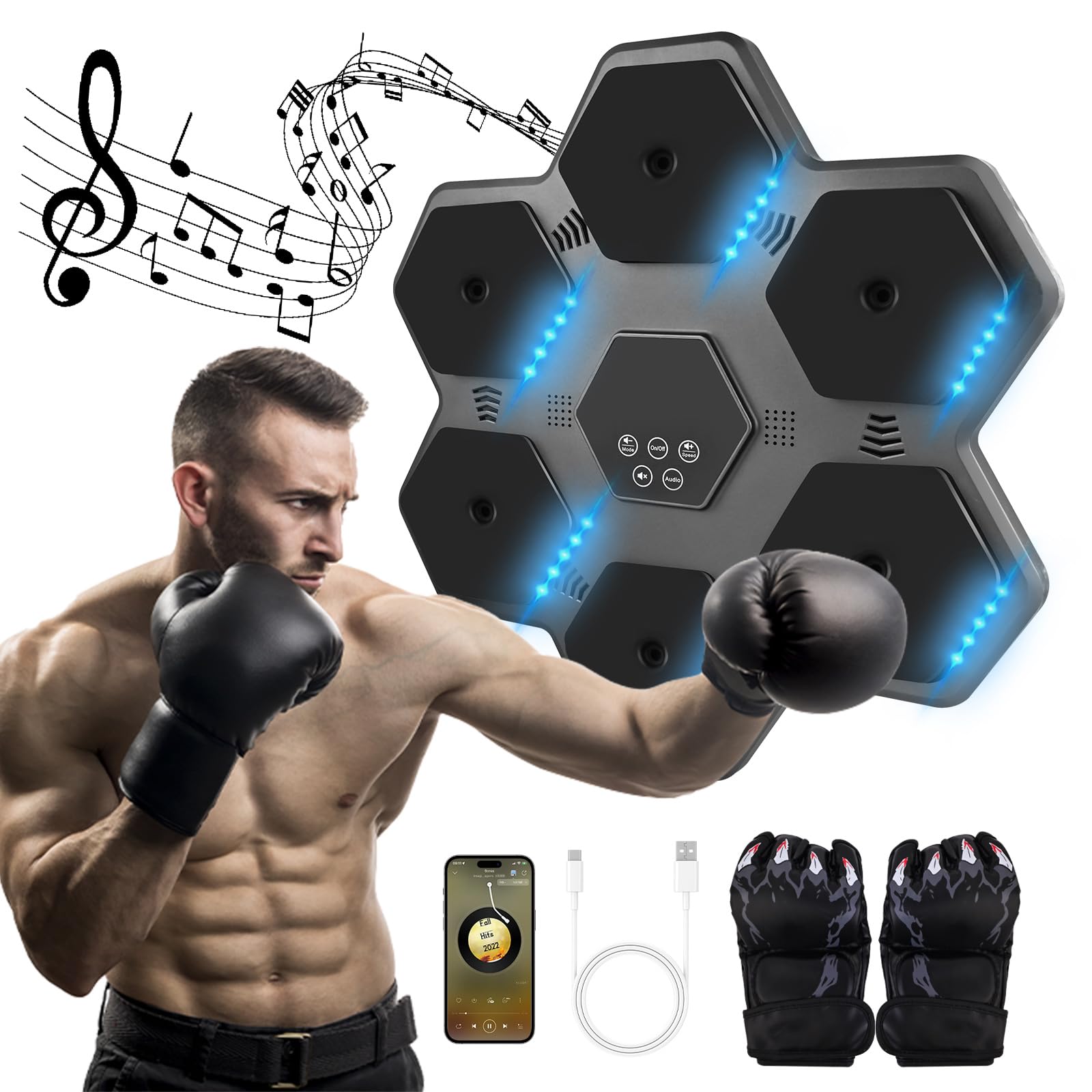 2025 Upgraded Smart Bluetooth Music Boxing Machine with Gloves - Wall Mounted Electronic Punching Target for Home Gym & Fitness Training - Boxing Equipment for Adults with Music Sync & LED Display - Perfect for Home Workouts, Stress Relief & Boxing Training