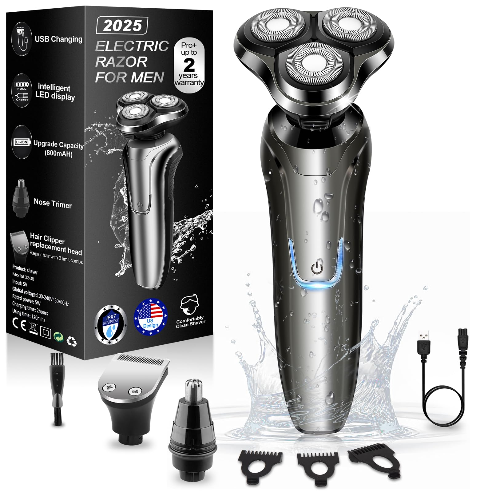 Best Electric Razor for Men - Waterproof Rechargeable Rotary Shaver with Floating Head & Replaceable Blades - Cordless Travel Razor for Smooth Shaving - Perfect Gift for Dad, Husband, Boyfriend - Great for Home, Office & Travel Use