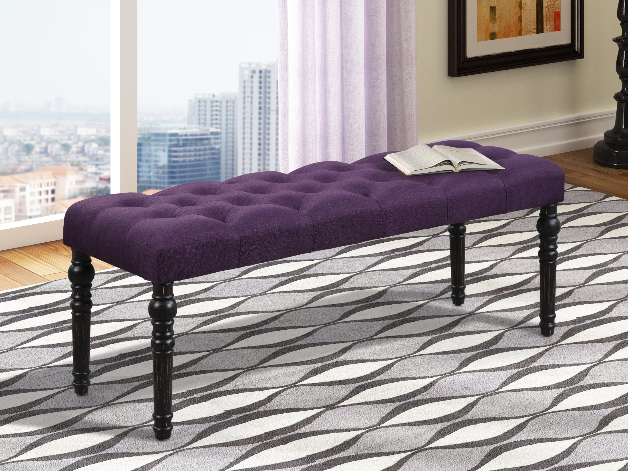 Roundhill Furniture Leviton Fabric Tufted Turned Leg Dining Bench - Purple Upholstered Seat with Sturdy Wooden Legs | Perfect for Kitchen Tables, Breakfast Nooks & Dining Room Decor