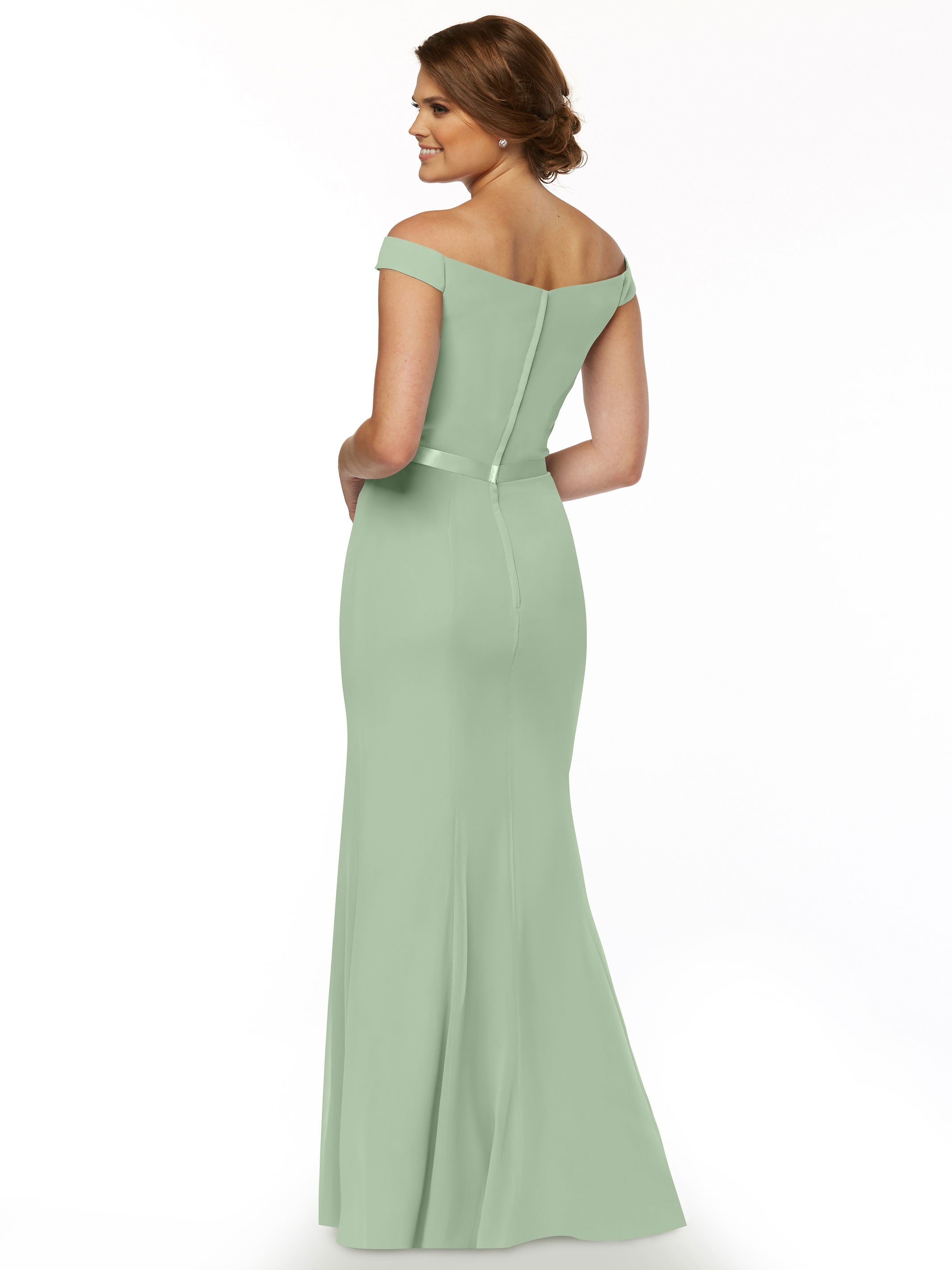 Elegant Off-The-Shoulder Chiffon Bridesmaid Dress with Ribbon Belt - Flowy Fit & Flare Design for Weddings, Parties & Special Occasions | Style #80079