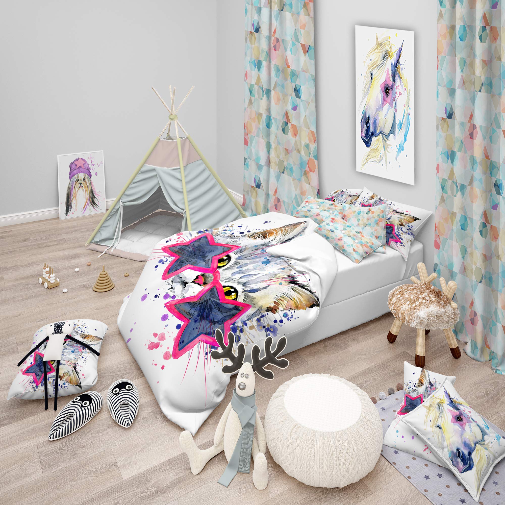 Designart Blue Cute Kitten Stars Modern Duvet Cover Set - Full/Queen Size with 2 Pillow Shams - Soft Bedding for Kids Room & Cozy Bedroom Decor