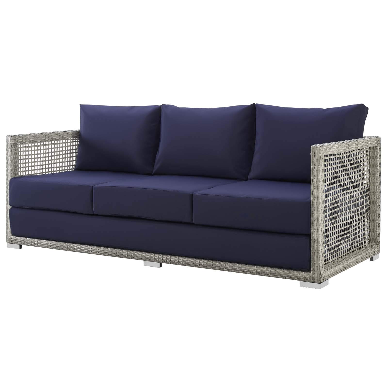 Modern Outdoor Patio Furniture Set - 3-Piece Rattan Wicker Sofa, Chair & Coffee Table in Gray, Navy Blue - Perfect for Backyard, Garden, Poolside & Patio Relaxation