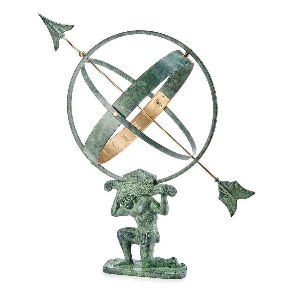 28 Inch Verdigris Atlas Armillary Sundial with Brass Accents – Outdoor Garden Decor, Patio & Yard Ornament for Classic Elegance