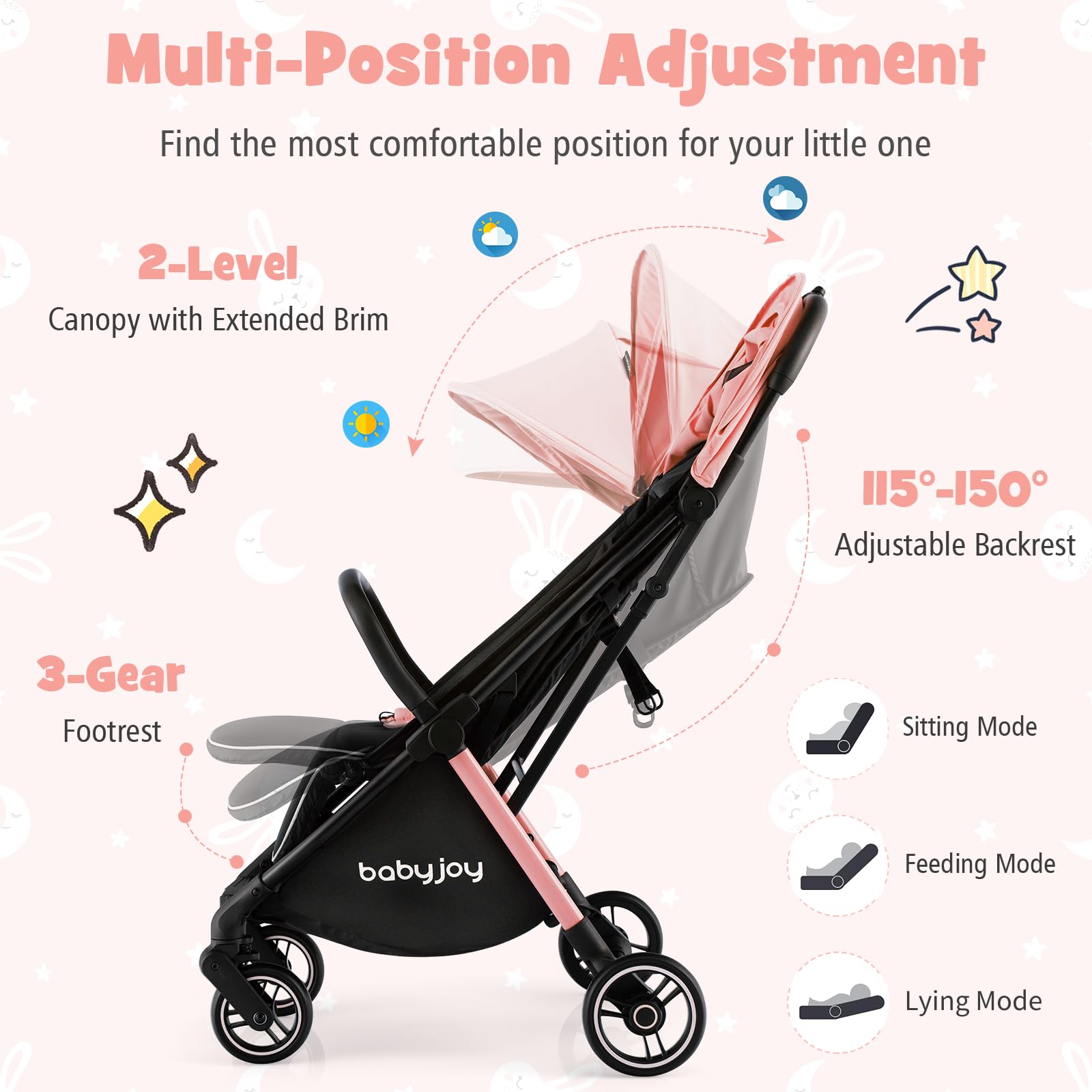 BABY JOY Lightweight Compact Travel Stroller for Airplane - Adjustable Canopy & Backrest, Storage Basket, Self-Standing Gravity Fold Aluminum Frame (Pink) | Perfect for Newborns, Infants & Toddlers - Ideal for Travel, Shopping & Daily Walks