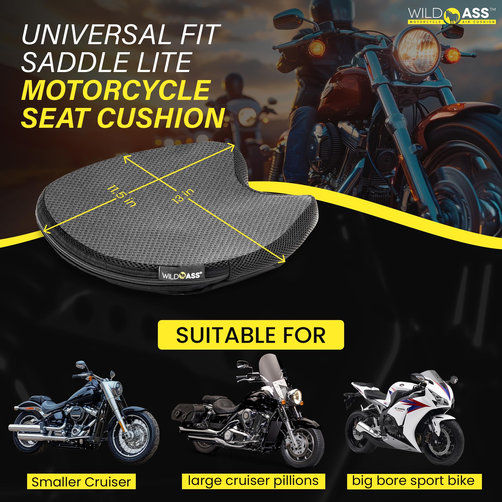 Motorcycle Air Gel Seat Cushion - Universal Ergonomic Adjustable Airflow Pad with Straps for Long Rides - Black | Comfortable Riding Gear for Cruisers, Touring Bikes & Commuters