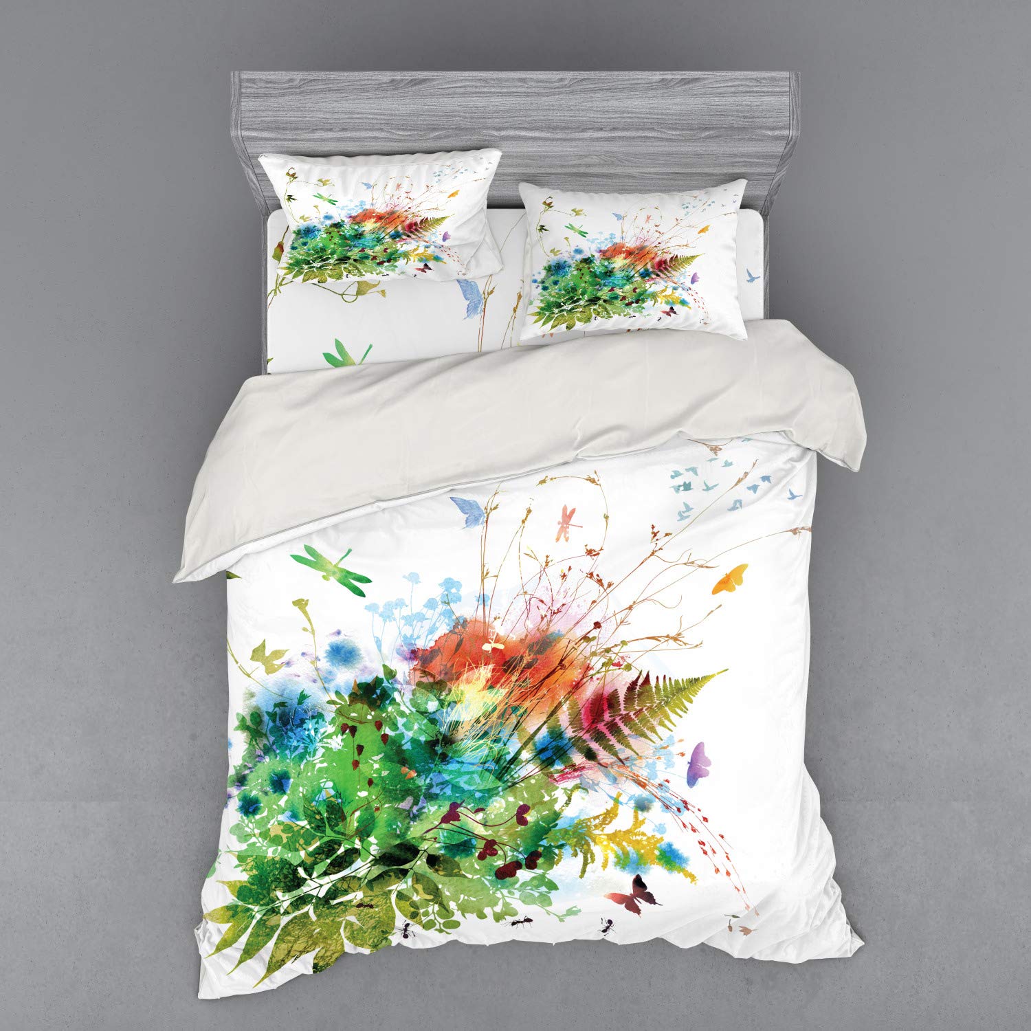 Ambesonne Watercolor Duvet Cover Set - Floral Jungle Foliage Summer Design with Butterflies & Dragonflies | 4-Piece Queen Size Bedding Set with Shams & Fitted Sheet | Multicolor Botanical Print | Perfect for Bohemian Bedrooms, Guest Rooms & Summer Home Decor