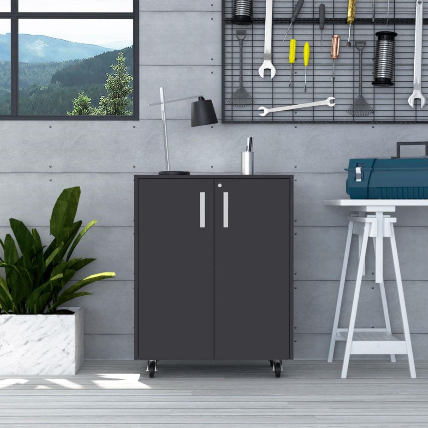 Rushville Utility Sink Cabinet with Double Doors - Stainless Steel Countertop & 3 Drawers - 35.43