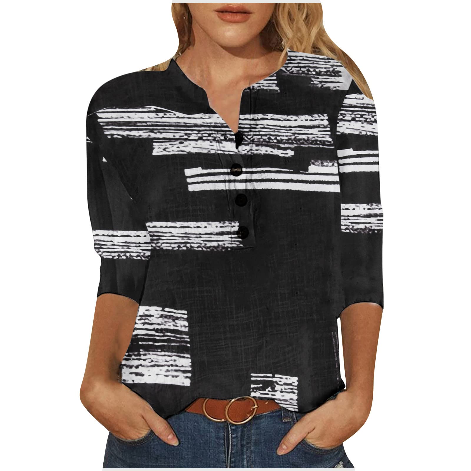 Trendy Women's 3/4 Sleeve V-Neck Printed Button Down Blouse - Loose Fit Casual Tunic Top for Work, Date Night & Everyday Wear