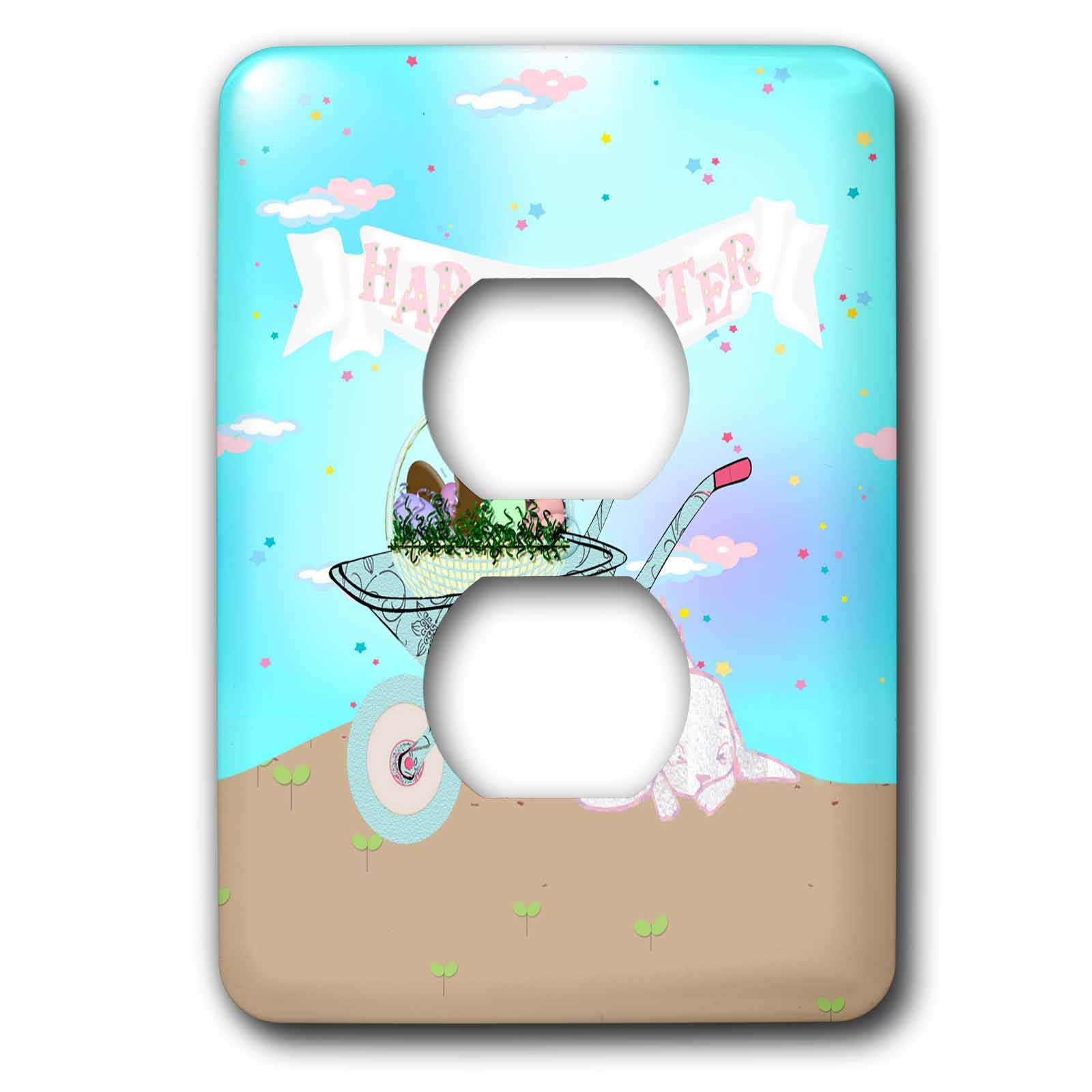 3D Rose Beverly Turner Easter Outlet Cover - Lazy Bunny with Easter Basket in Wheelbarrow, Happy Easter Decor, Aqua and Pink - 2 Plug Wall Plate for Home, Nursery, or Easter Party Decoration