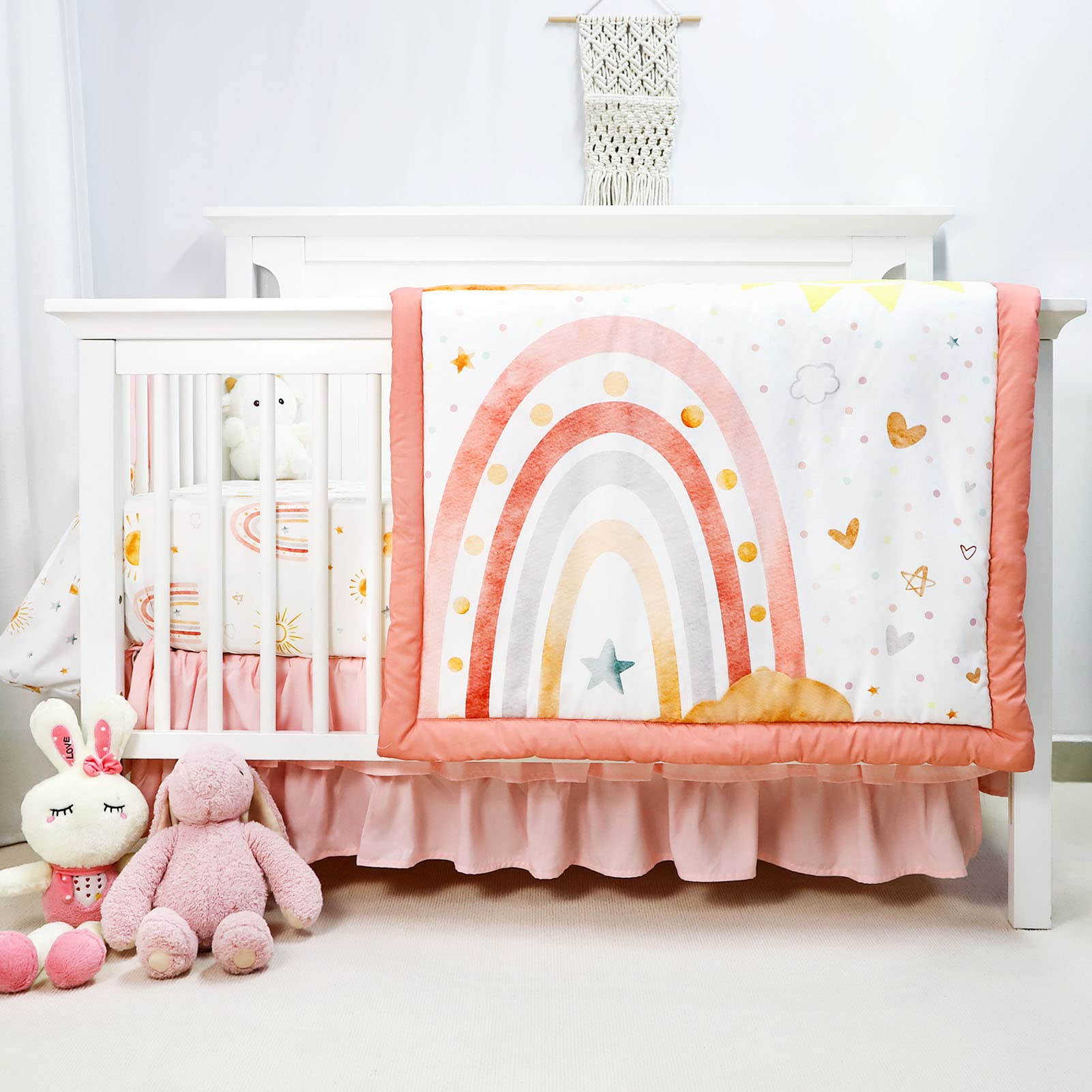 Pink 4-Piece Baby Crib Bedding Set for Girls - Soft Rainbow Nursery Set with Comforter, Fitted Sheet, Crib Skirt & Diaper Stacker | Perfect for Newborns, Infant Room Decor & Baby Shower Gifts