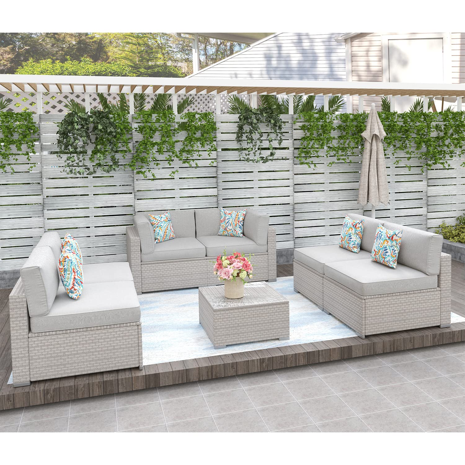 HOMPUS 7-Piece Outdoor Patio Furniture Set - Gray Wicker Modular Sectional Sofa with Grey Cushions, Pillows & Coffee Table - L-Shaped Conversation Set for Backyard, Garden, Deck, Poolside & Outdoor Living Spaces
