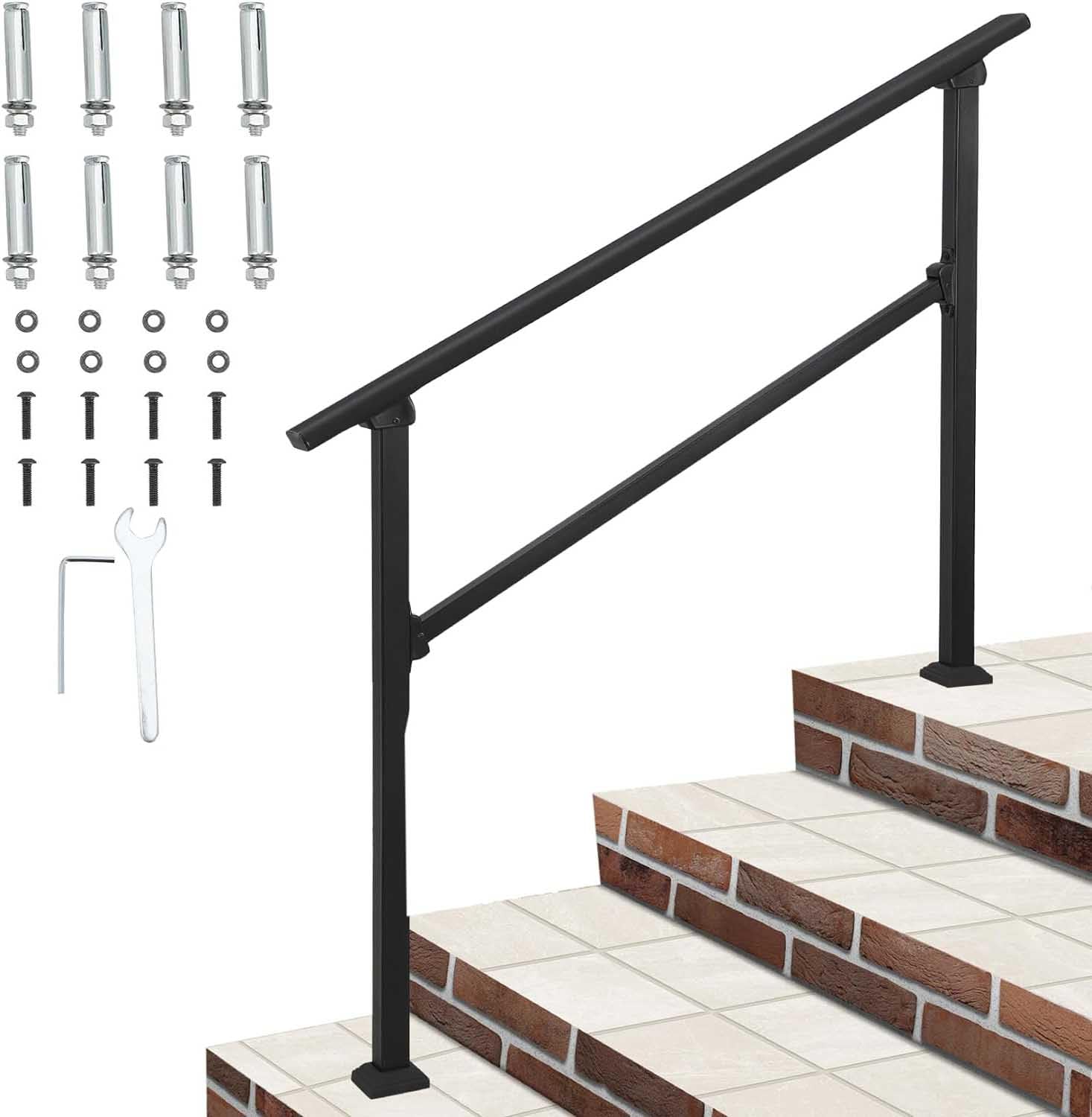 Aluminum Alloy Outdoor Stair Handrail with Installation Kit - Non-Slip Safety Railing for Concrete Steps, Porch & Deck (Fits 3-4 Steps) - Perfect for Elderly & ADA Accessibility at Home Entrance