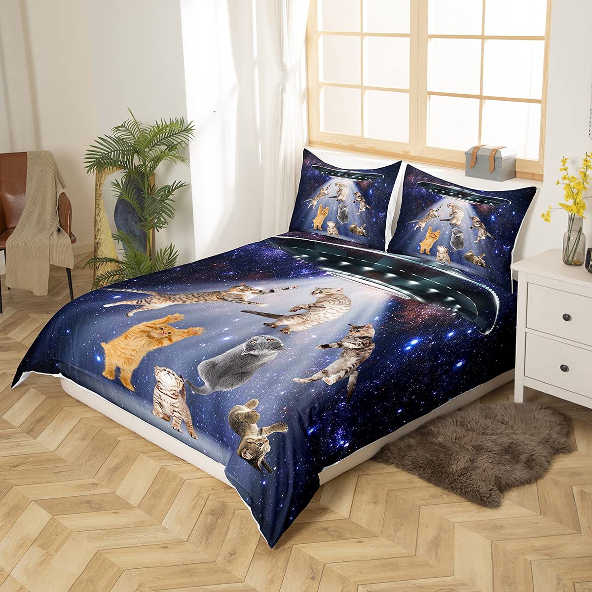 Feelyou Twin Size Cat Duvet Cover Set - 3 Piece Microfiber Comforter Cover with Pillowcase | Cute Galaxy Nebula Cat Design, Zipper Closure | Perfect for Kids' Rooms, Dorm Decor & Cat Lover Gifts