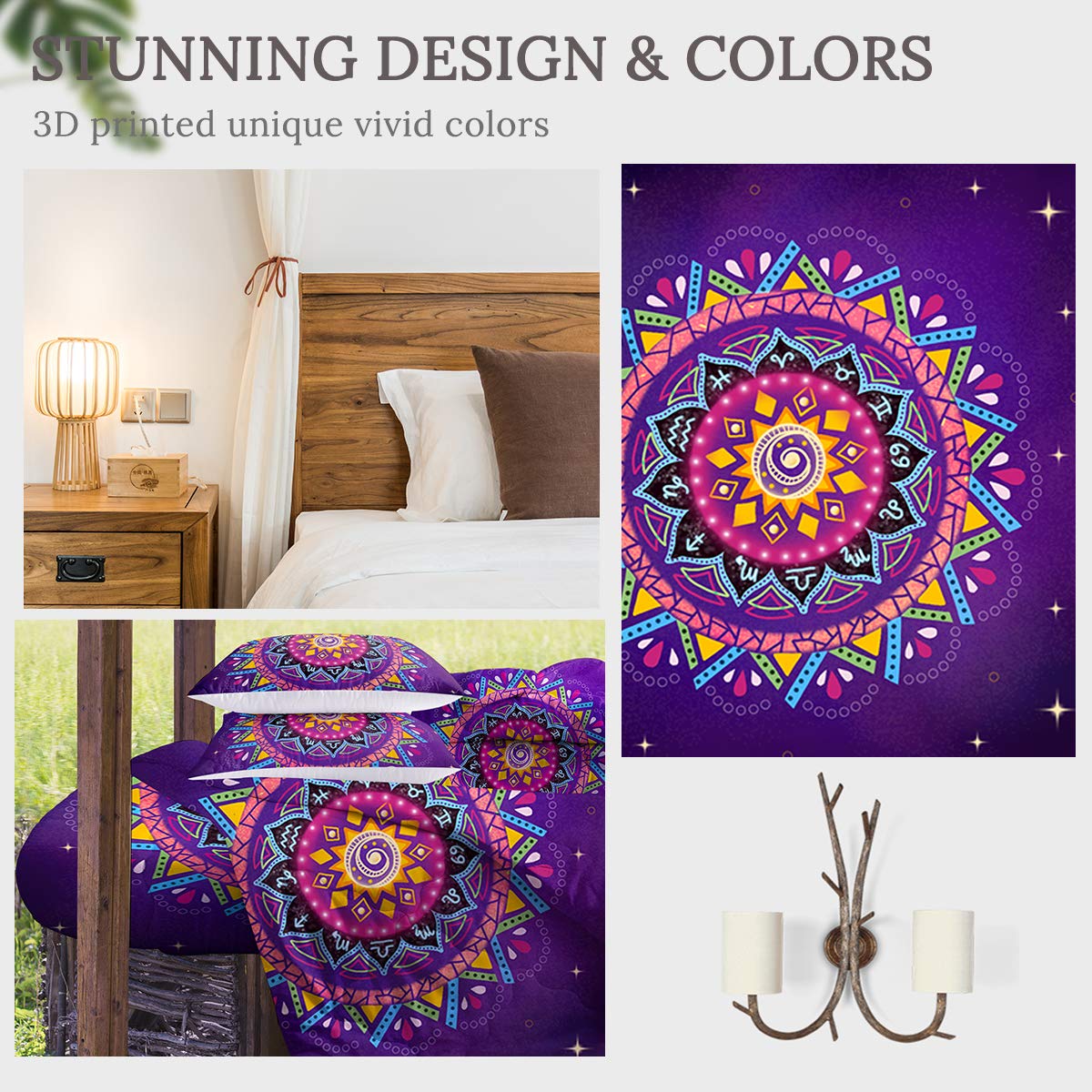 Sleepwish Zodiac Mandala Bohemian Comforter Set 4-Piece - Reversible Purple Boho Abstract Bedding for Queen Size Bed | Perfect for Bohemian Bedroom Decor & Guest Room Styling