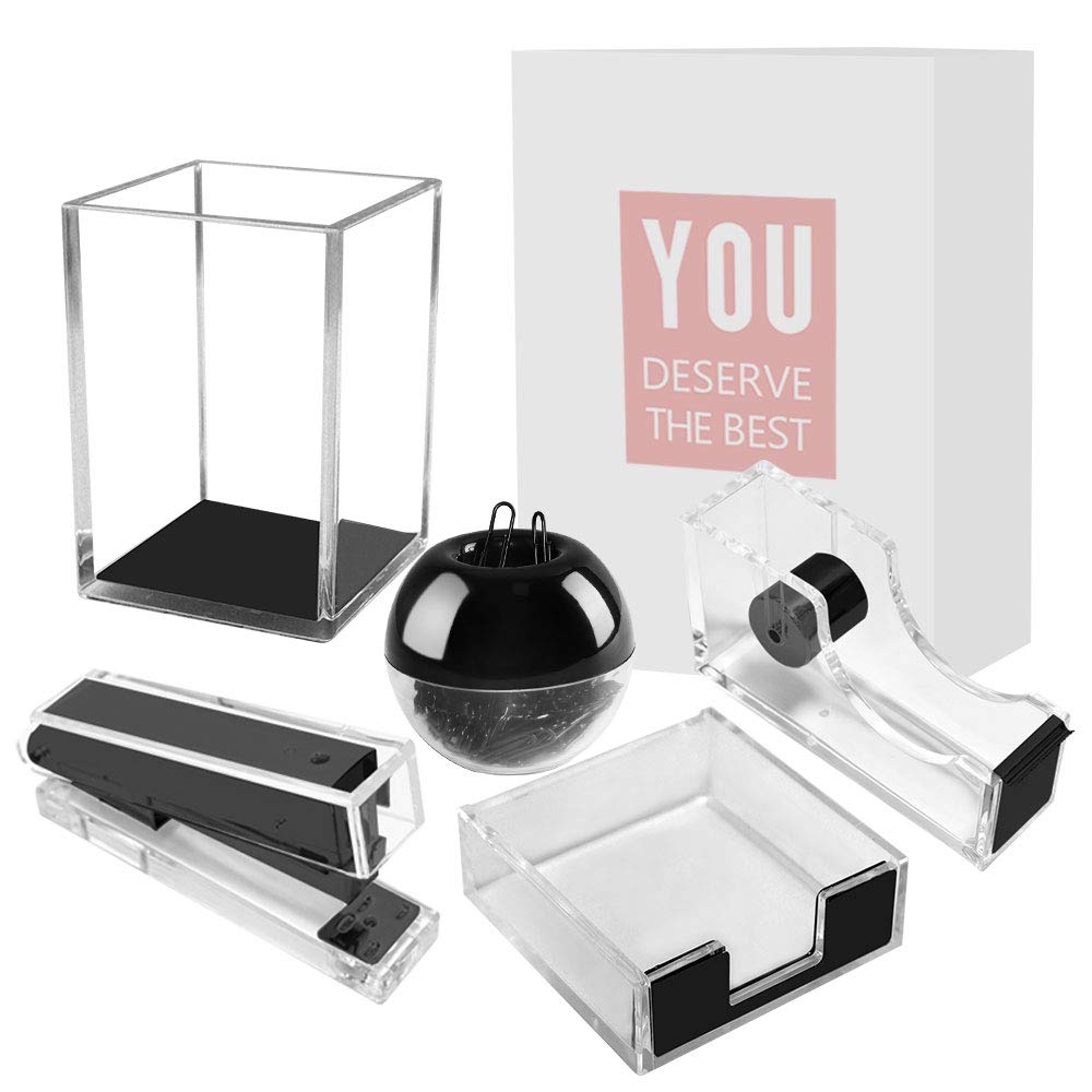 Buqoo 5-Piece Black Desk Organizer Set with Stylish Gift Box - Uniform Style Office Stapler & Storage Accessories for Home, Office, and School Organization | Perfect for Desk, Drawer, and Workspace Decluttering