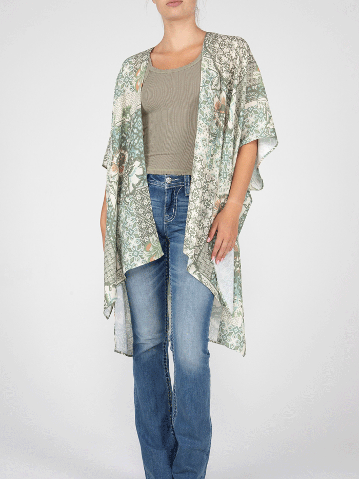 Miss Me MJ0638S Women's Floral Print Kimono with Crochet Trim - Green Boho Chic Cover Up for Beach, Pool & Summer Outfits