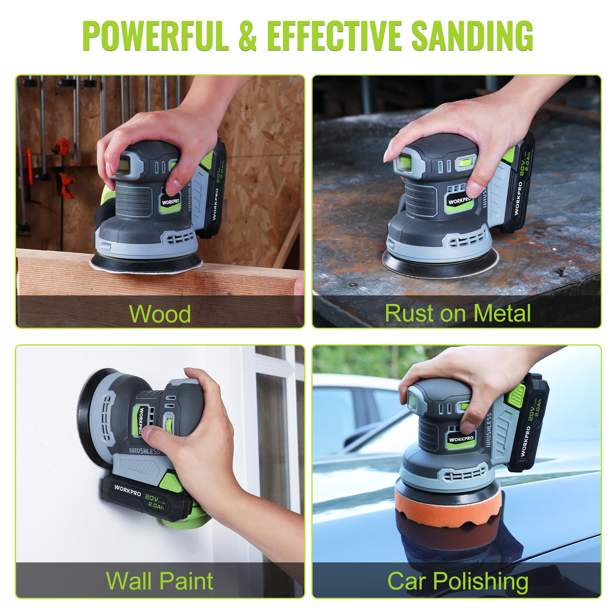 WORKPRO 20V Brushless Cordless Random Orbital Sander - 5 Inch Electric Sander with 6 Variable Speeds (6000-12000 OPM) for Woodworking, Includes Battery, Charger, Dust Collector, Tool Bag & 15 Sanding Discs - Perfect for DIY Projects, Furniture Refinishing & Home Renovation