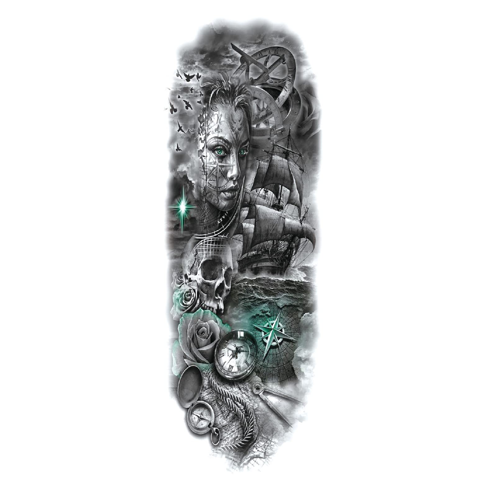 Full Arm Temporary Tattoo for Men & Women - Green Eyes Roses Skull Compass Boat Design - 48x17CM Waterproof Tattoo Sticker (1PC) | Perfect for Parties, Halloween, Cosplay & Fashion Events