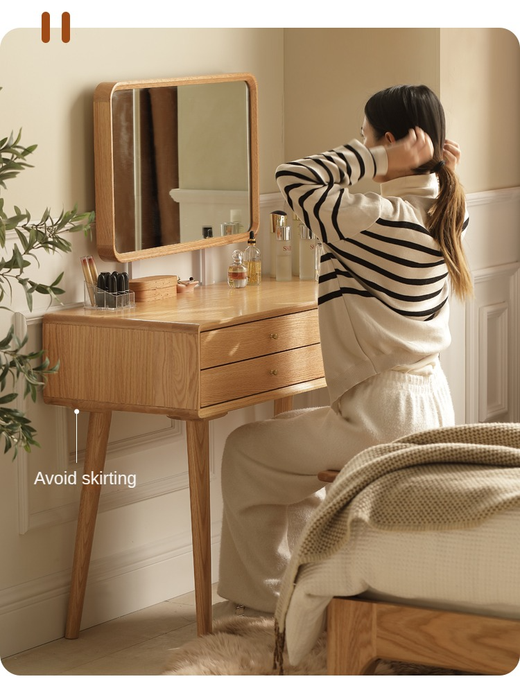 Stylish Oak Solid Wood Modern Dressing Table with Large Mirror - Perfect for Bedroom Vanity, Makeup Station & Home Decor