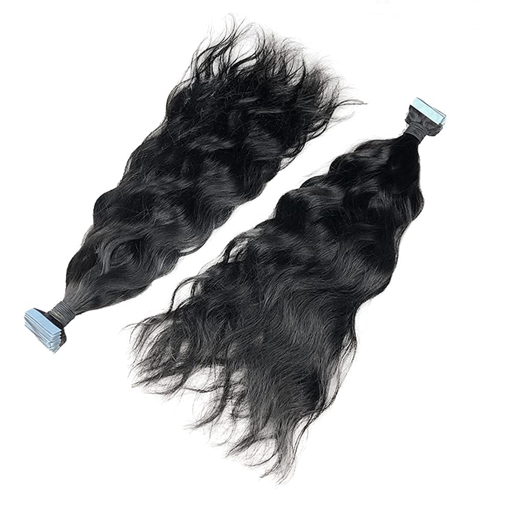 30 Inch Long Natural Wavy Tape-in Human Hair Extensions - 100% Brazilian Remy Hair with Skin Weft - 40pcs (100g) - Natural Black - Perfect for Volume, Length & Styling - Great for Parties, Weddings & Daily Wear